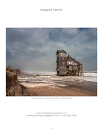 Storm-battered beach house on stilts, coastal photography