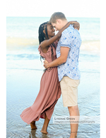 portrait photography of a barefoot beach embrace