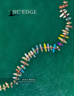 Surfers transportation photography forming a chain in the ocean