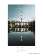 Striped lighthouse tower architecture photography reflected in water